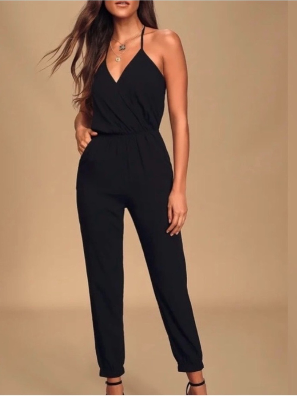 Lulu's Black V-Neck Spaghetti-Strap Jumpsuit